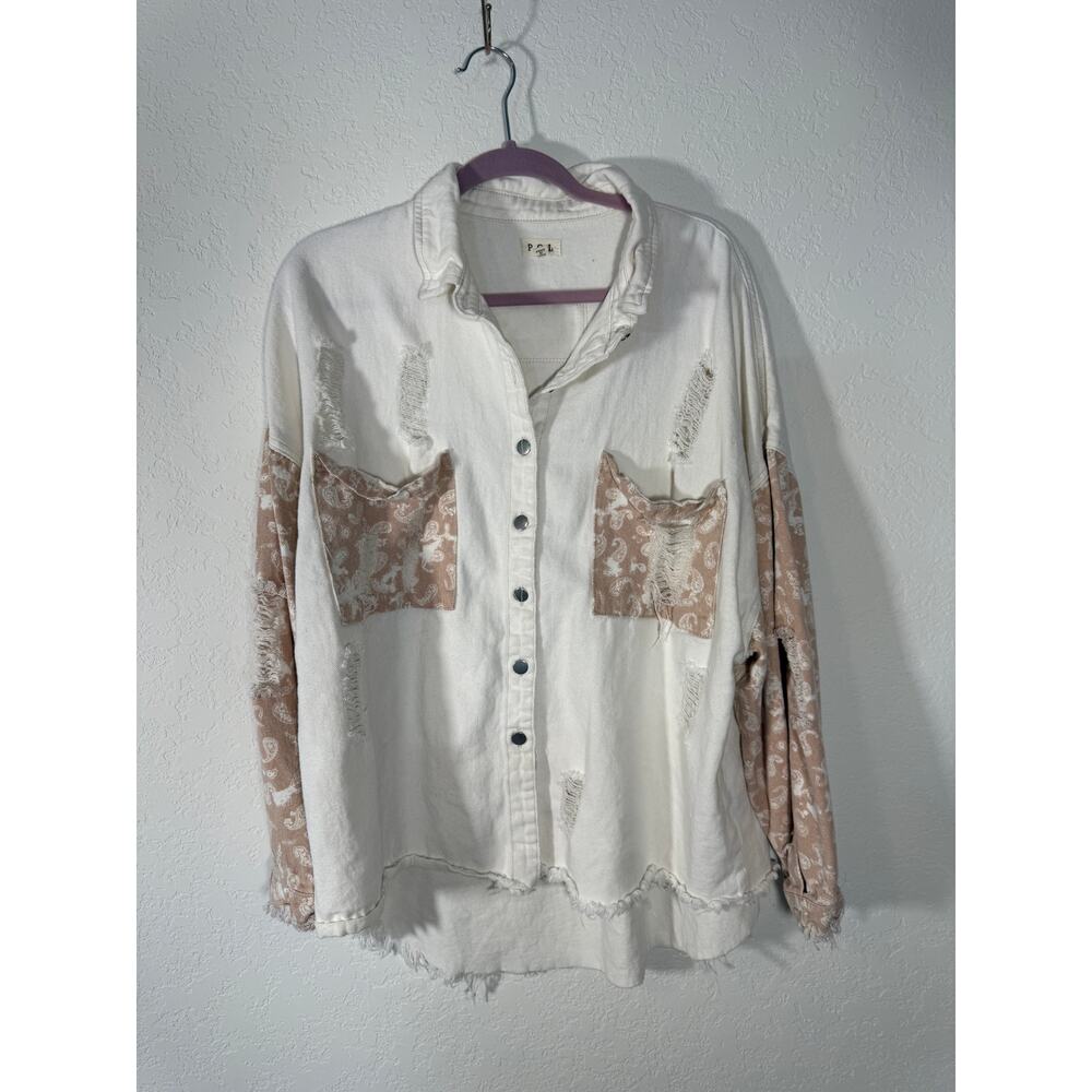 EUC POL Patchwork Button Up Jacket Shacket Cream … - image 3